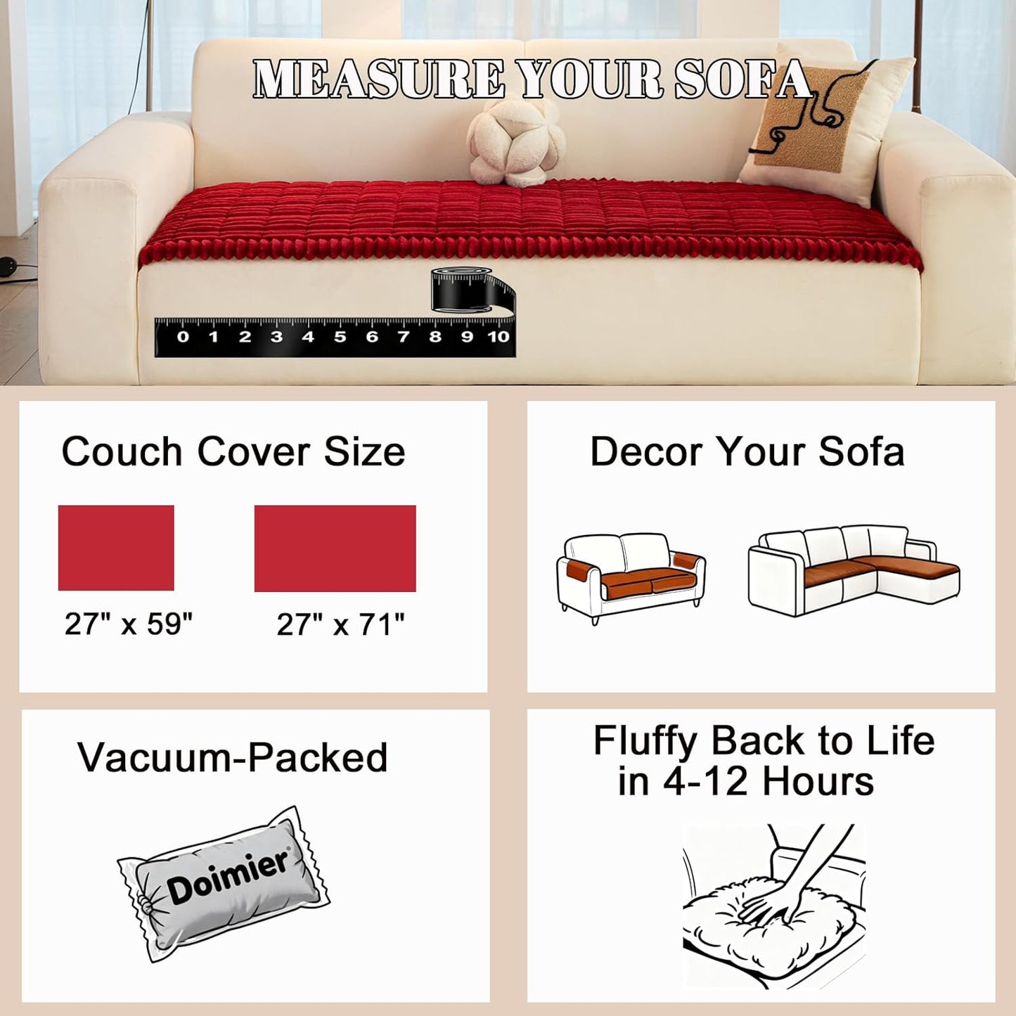Pet Couch Cover for Dogs Washable, Pet Friendly & Anti-Slip Soft Fuzzy Couch Protector Sofa Pad Blanket Dog Mat Sectionals Slipcover 3 Cushion for Bed Floor Carpet Car Seat (Red, 27"x59")
