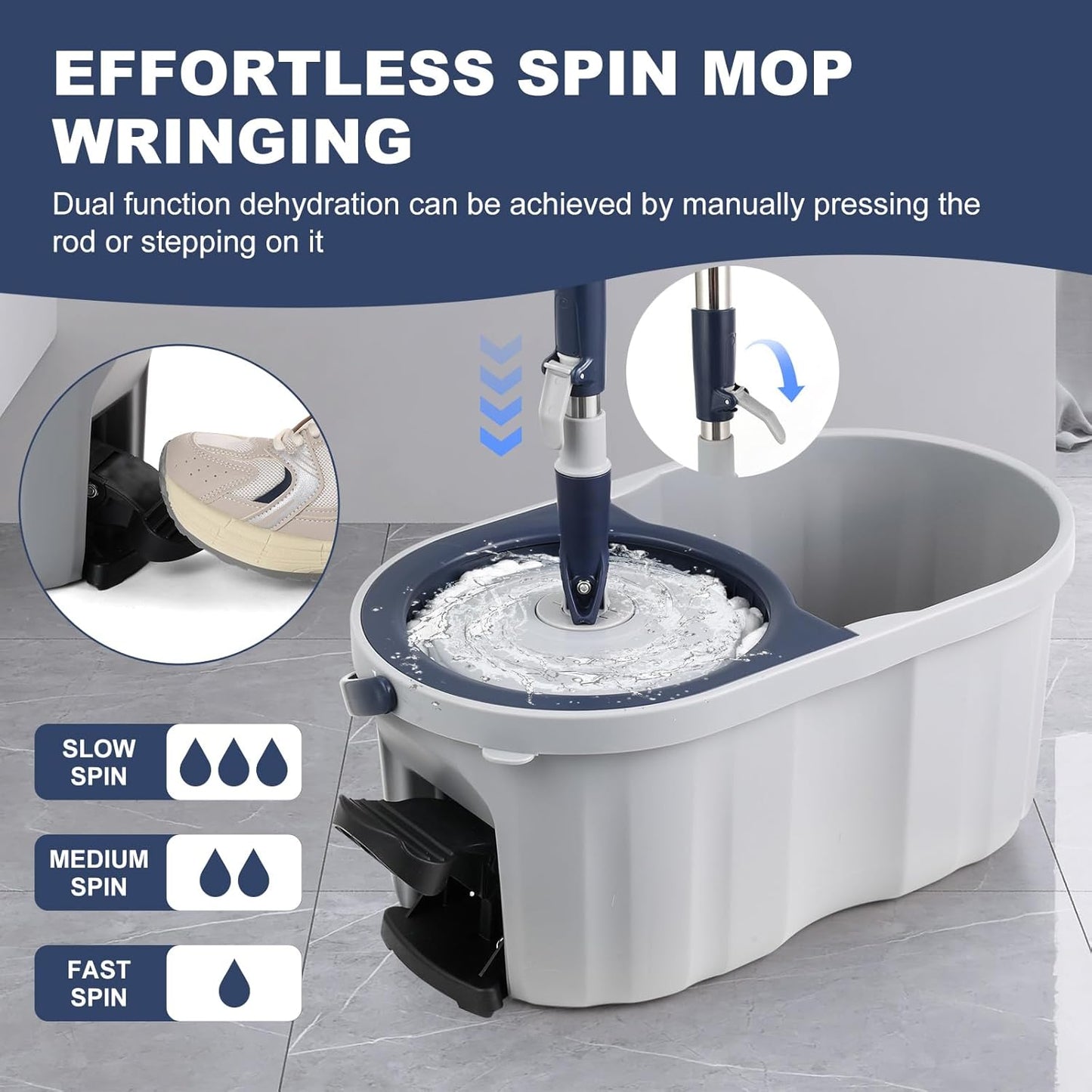 Spin Mop and Bucket Set 180° Swivel Mop Head Adjustable Telescopic Handle Dual Chamber Bucket 3 Refills Dual-Action Wringing Hand-Press Foot-Peda Hands-Free Self-Cleaning System for All Floor Types
