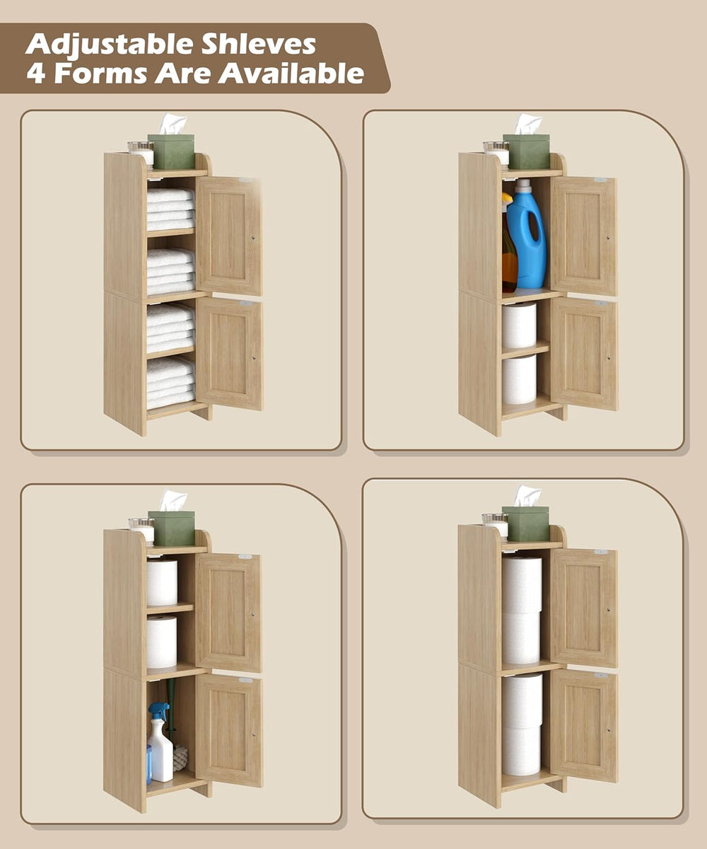 Akxomel Rattan Small Bathroom Cabinet Narrow Toilet Paper Organizer Oak