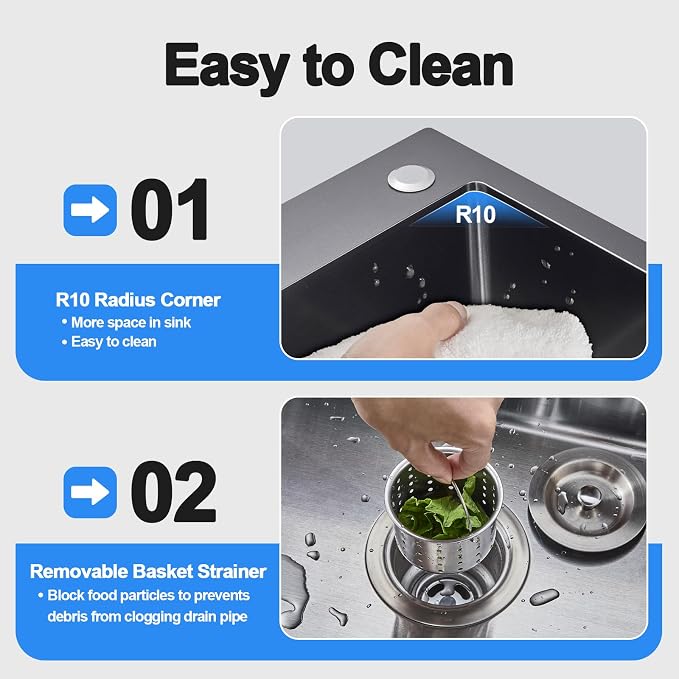 24x18x9 Inch Kitchen Sink, Handmade 304 Black Stainless Steel Single Bowl - Image 5