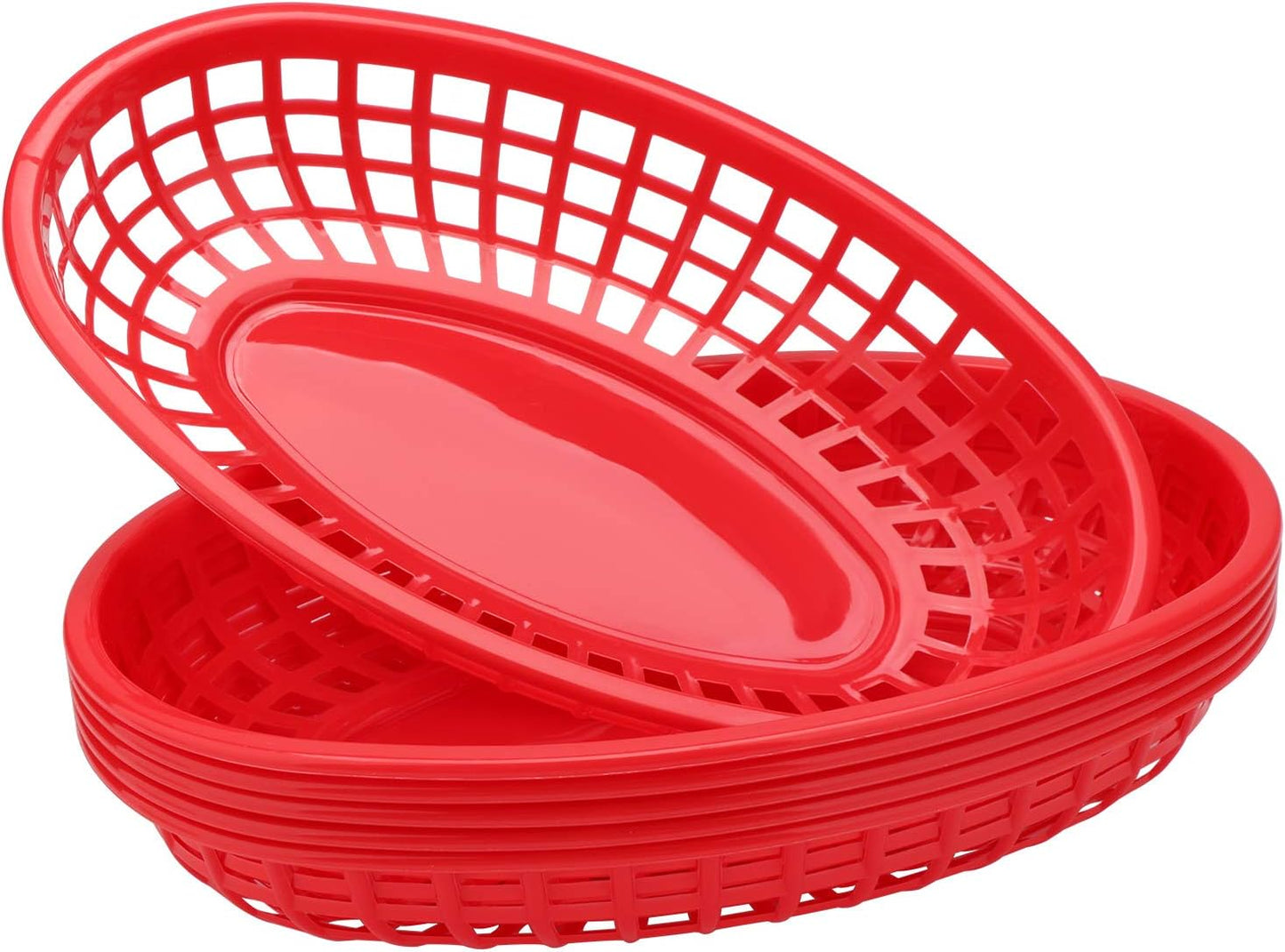 EUSOAR 6Pcs Red-Oval Plastic Fast Food Serving Baskets, 9.4in x 5.9in, Great for Burgers, Fries, Sandwiches, Dishwasher and Microwave Safe