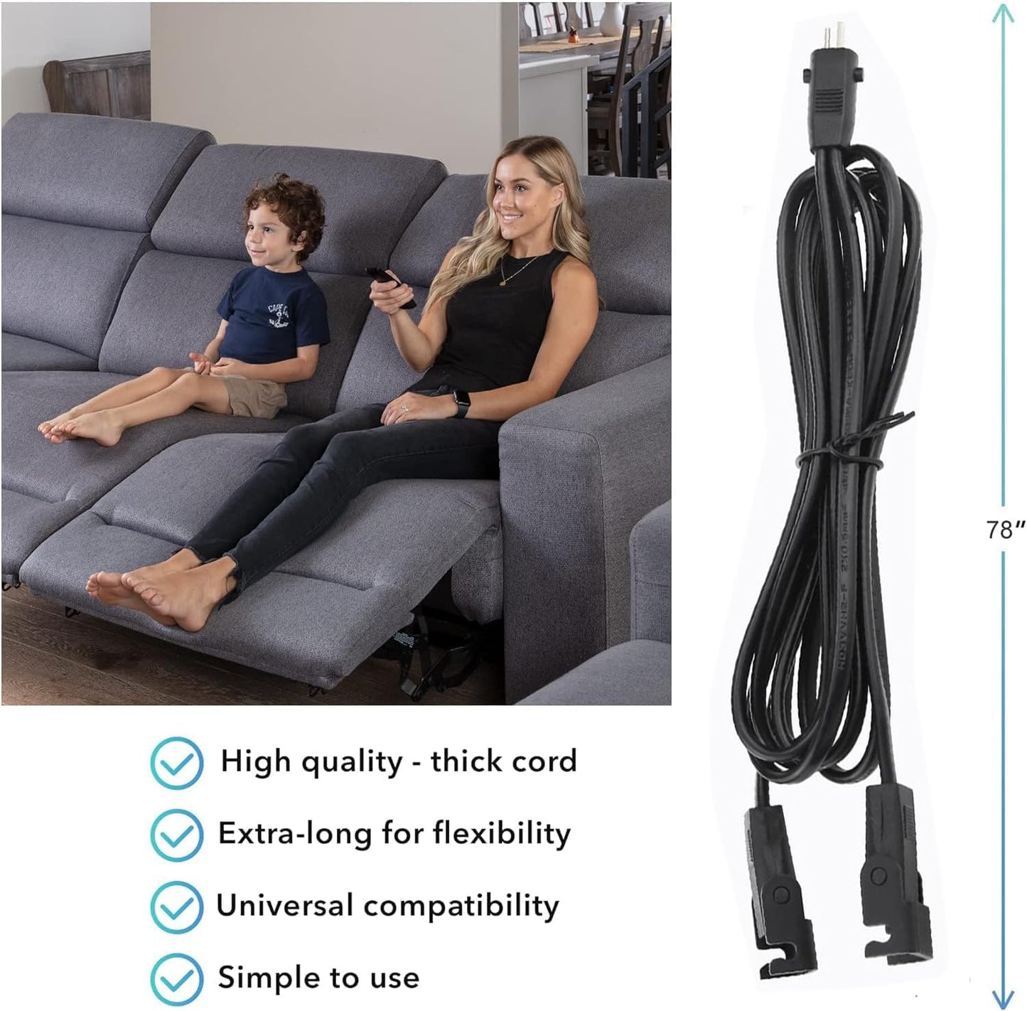 Universal Dual Motor Power Supply Transformer with AC Power Cord, L Shape DC Extension Cable and Y Splitter Cord,29V 2A Recliner Power Supply Kit-4-Piece for Recliner, Lift Chairs and Sofa