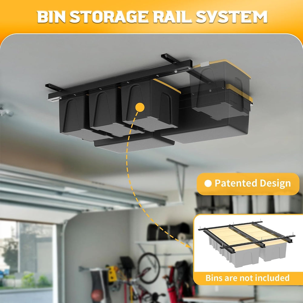 WALMANN Overhead Tote Storage Rails System, Garage Ceiling Bin Storage Rack