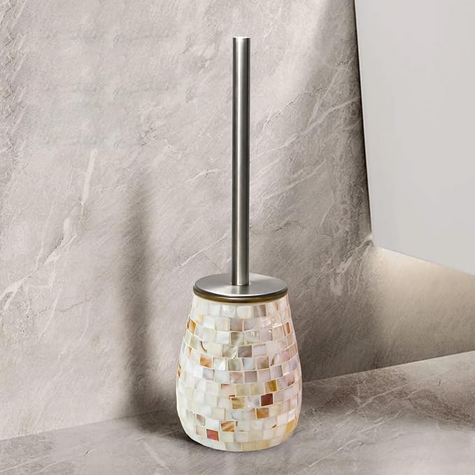 WDHODEC Natural Shell Toilet Brush and Holder Set Mosaic Glass, Stainless Steel - Image 2