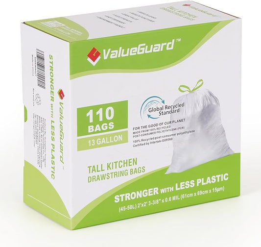 Large Trash Bags 13 Gallon Tall Kitchen Drawstring 100% Post-Consumer Recycled by ValueGuard