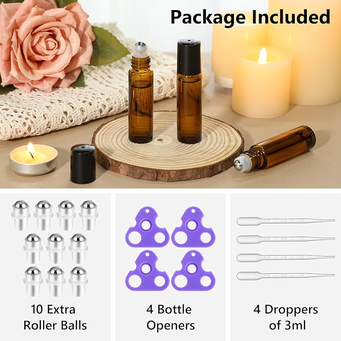 KEYWING 54 Pack Empty Essential Oil Roller Bottles – 10ml Amber Glass Roll-On - Image 2