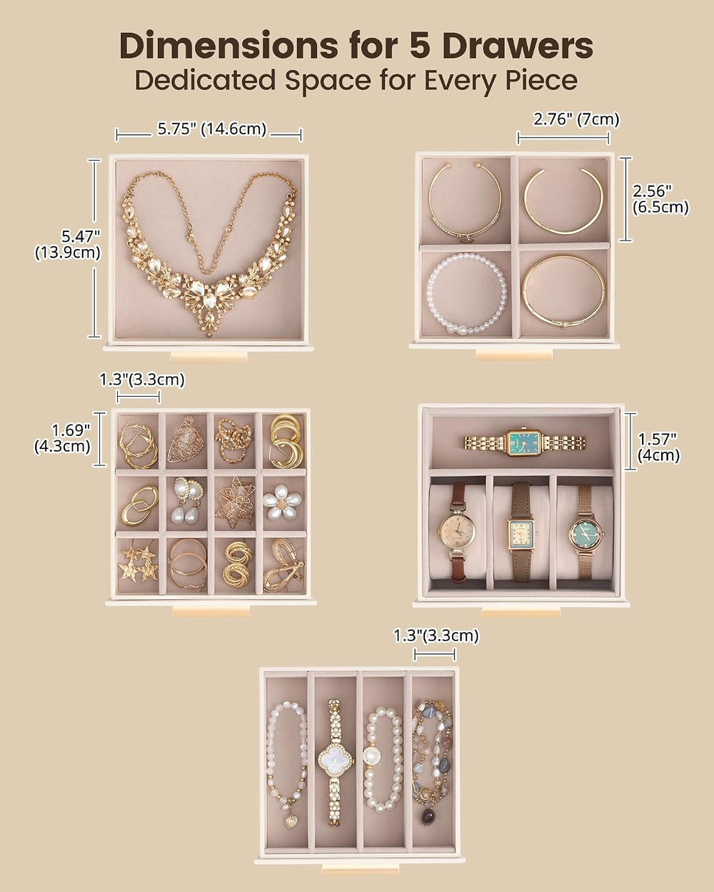 Lolalet Large Jewelry Box, 6-Layer Jewelry Organizer with 5 Drawers -Beige