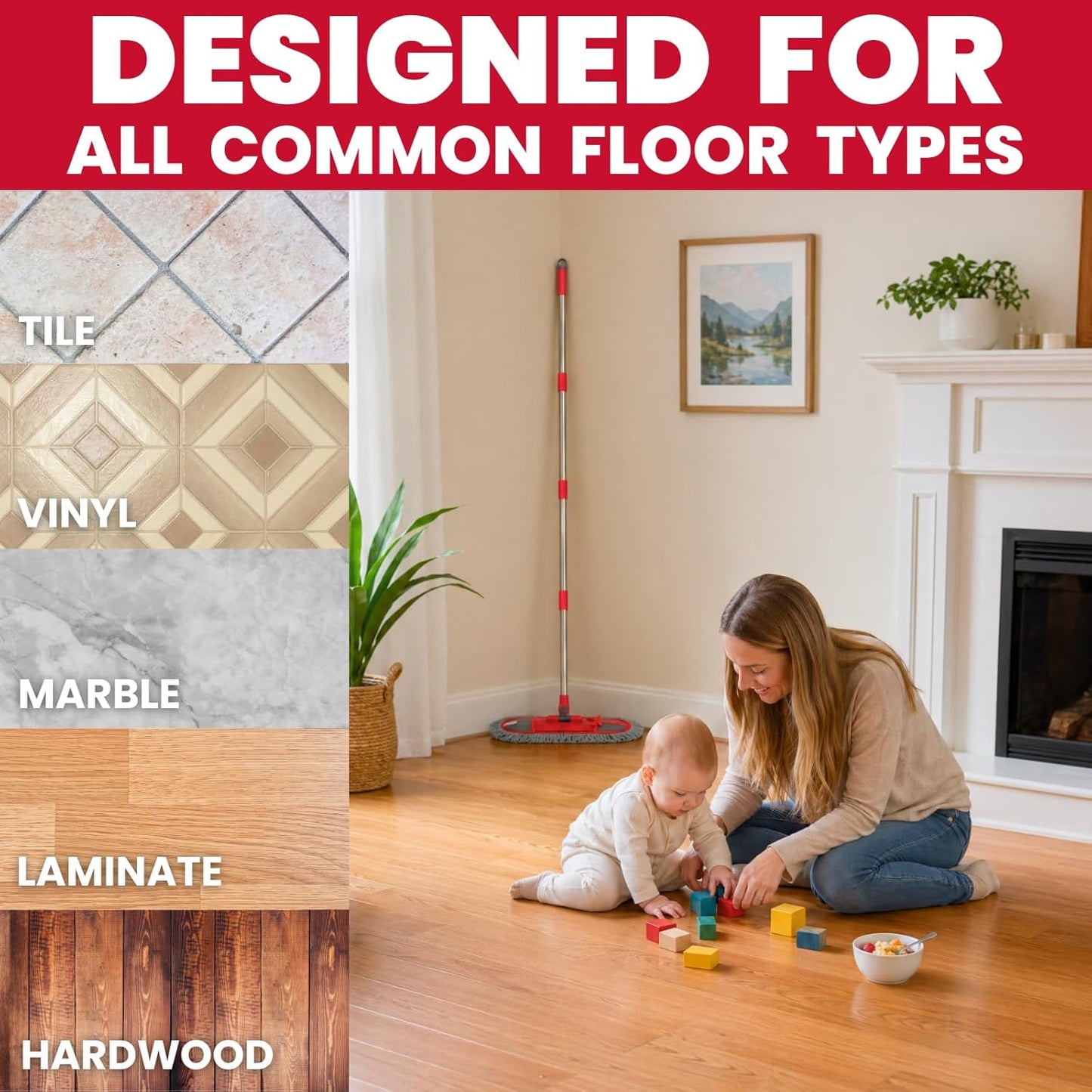 Wide Dust Mop for Floor Cleaning with 3 Washable Pads, 14.4” × 5.1” Flat Mop Head, 62” Stainless Steel Handle, Lightweight Multi-Surface Mop for Hardwood, Marble & Tile