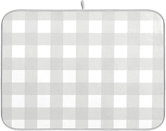 Buffalo Plaid Gray White Dish Drying Mat by Wamika