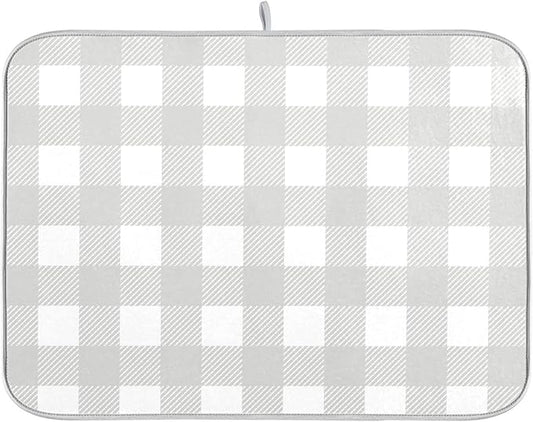 Buffalo Plaid Gray White Dish Drying Mat by Wamika