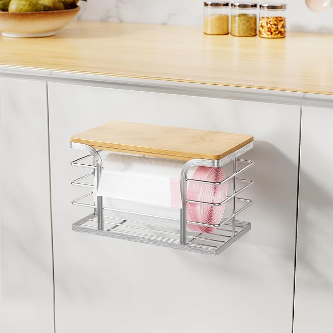 Trash Bag Holder with Bamboo Top, Wall Mount 304 Stainless Steel Garbage Bag - Image 3