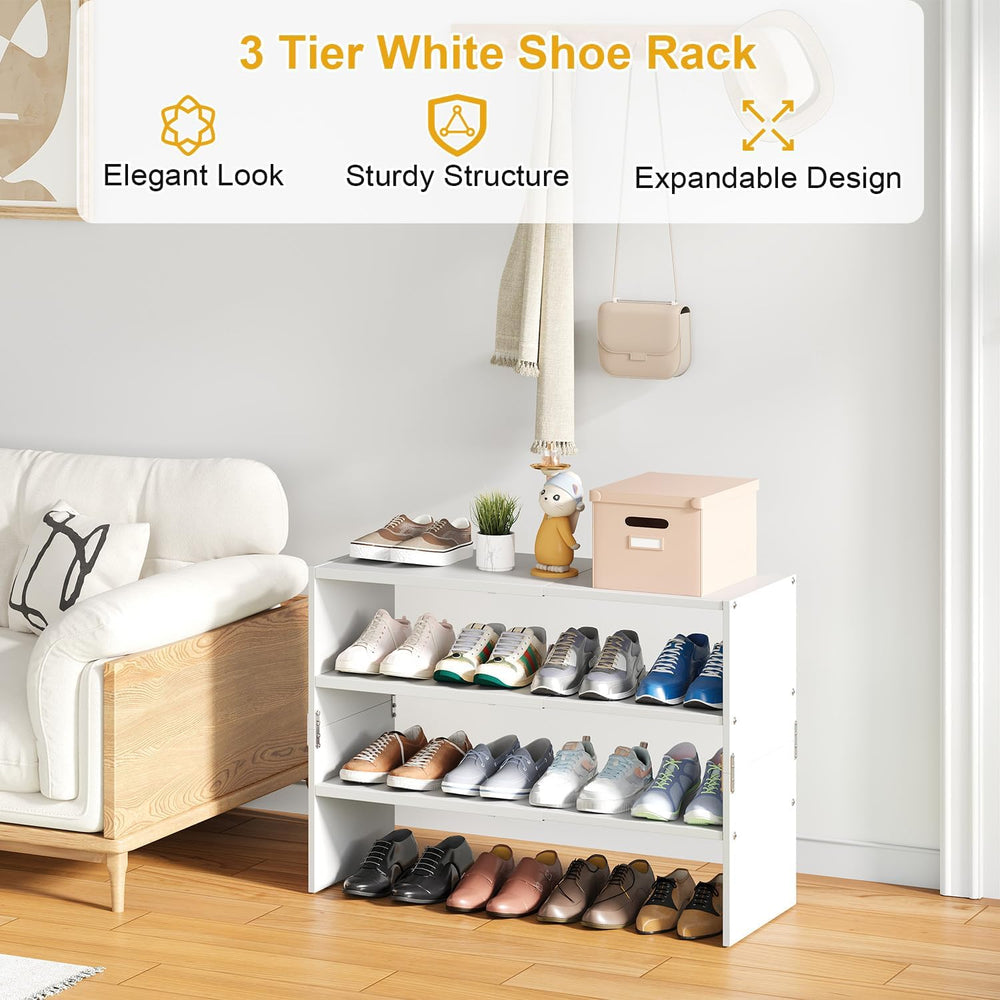 White Shoe Rack Organizer for Closet, 3-Tier Expandable Shoe Shelf, Stackable...
