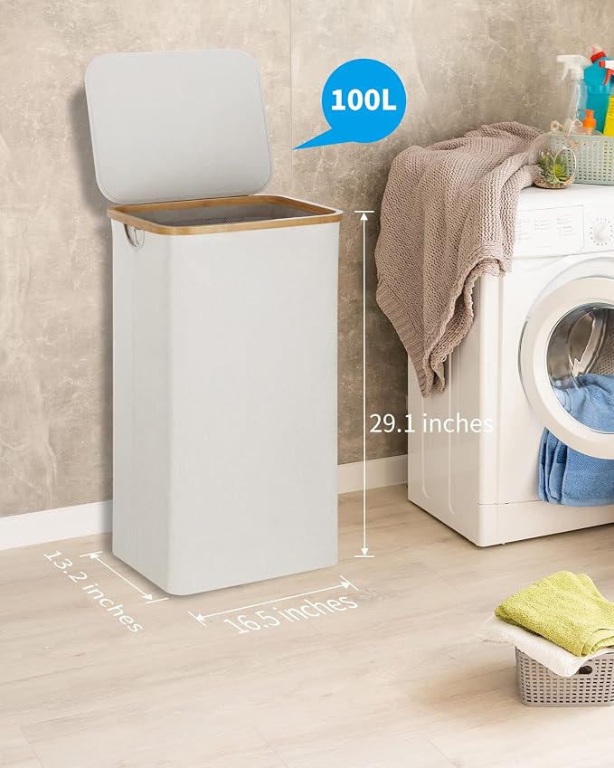 efluky Laundry Basket with Lid and Removable Bag, 100L Tall Laundry Hamper with - Image 3