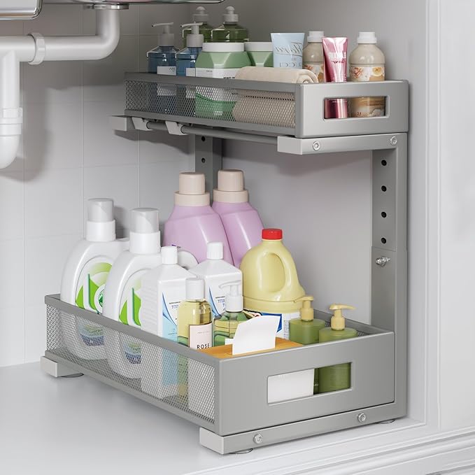 1 Pack-11.4"-16.14" H Under Sink Storage Organizer, Large 2-Tier Elegant Mesh by UnderSinkOrganizer