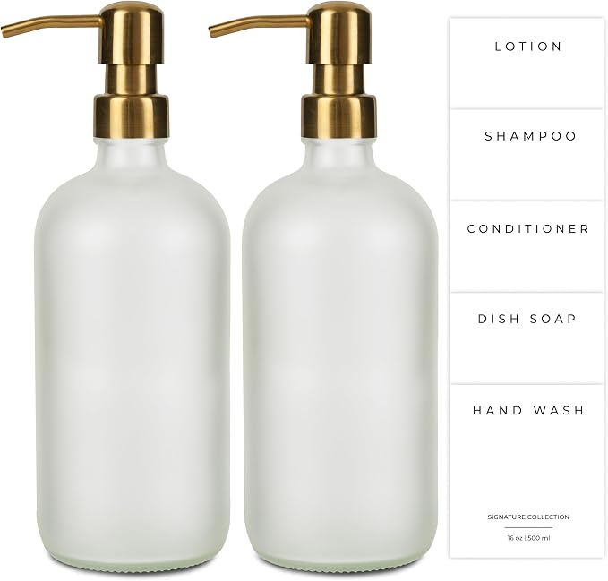 Emerson Essentials Glass Soap Bottle Dispensers, 2 Pack, Stainless-Steel Pumps by Emerson+Essentials