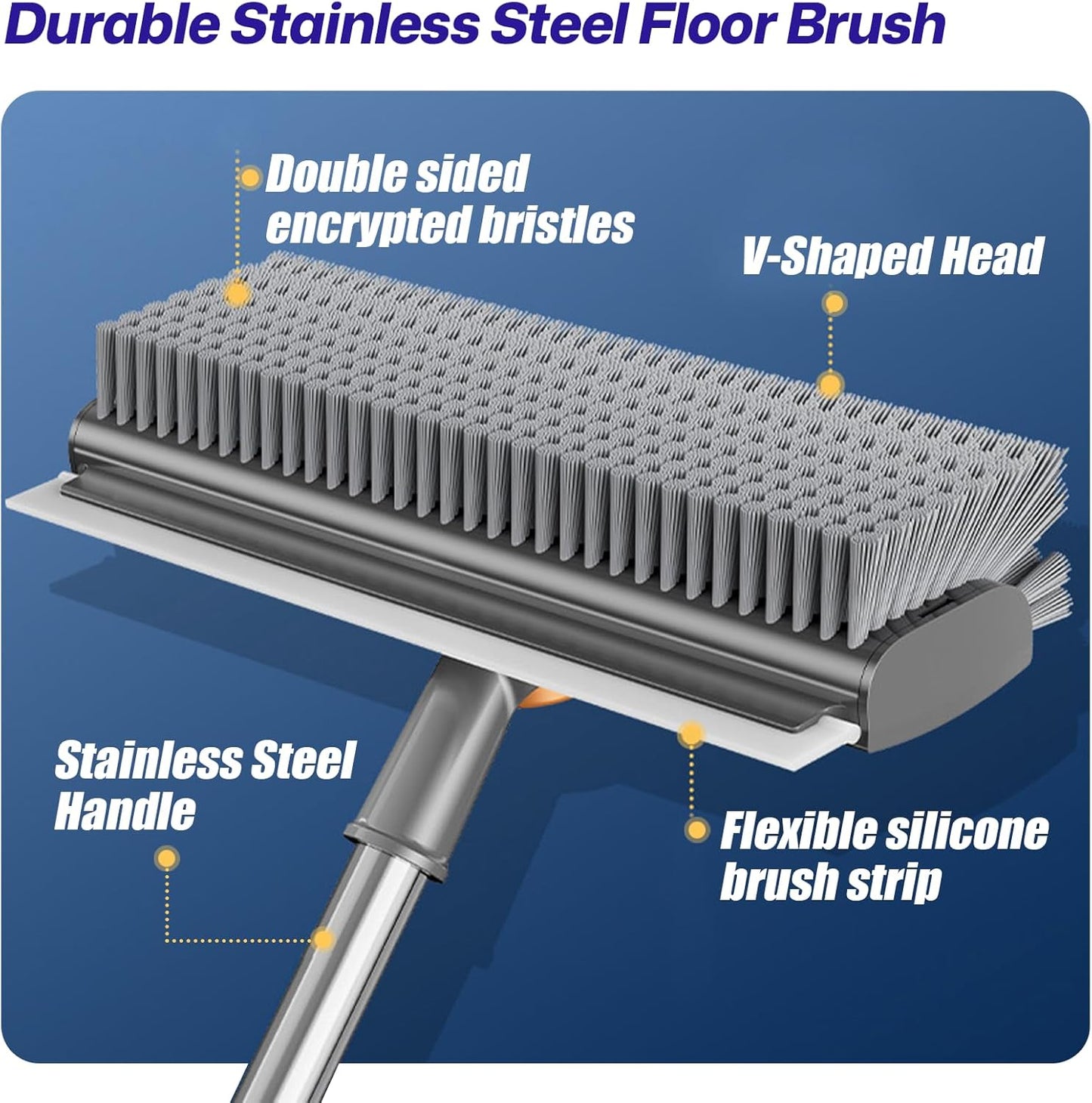 3-in-1 Floor Scrub Brush with Long Handle, Scrape and Heavy-Duty Stiff Bristle Floor Scrubber Brush with Squeegee and Tweezer for Cleaning Tile Kitchen Wall Deck Bathroom Patio Garage