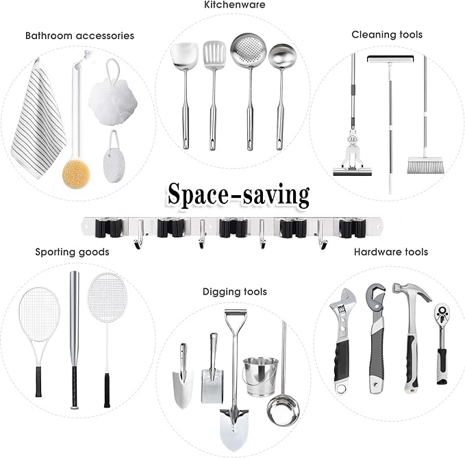 AceMining 5 Racks and 4 Hooks Mop and Broom Holder Wall Mount, Broom Organizer - Image 4