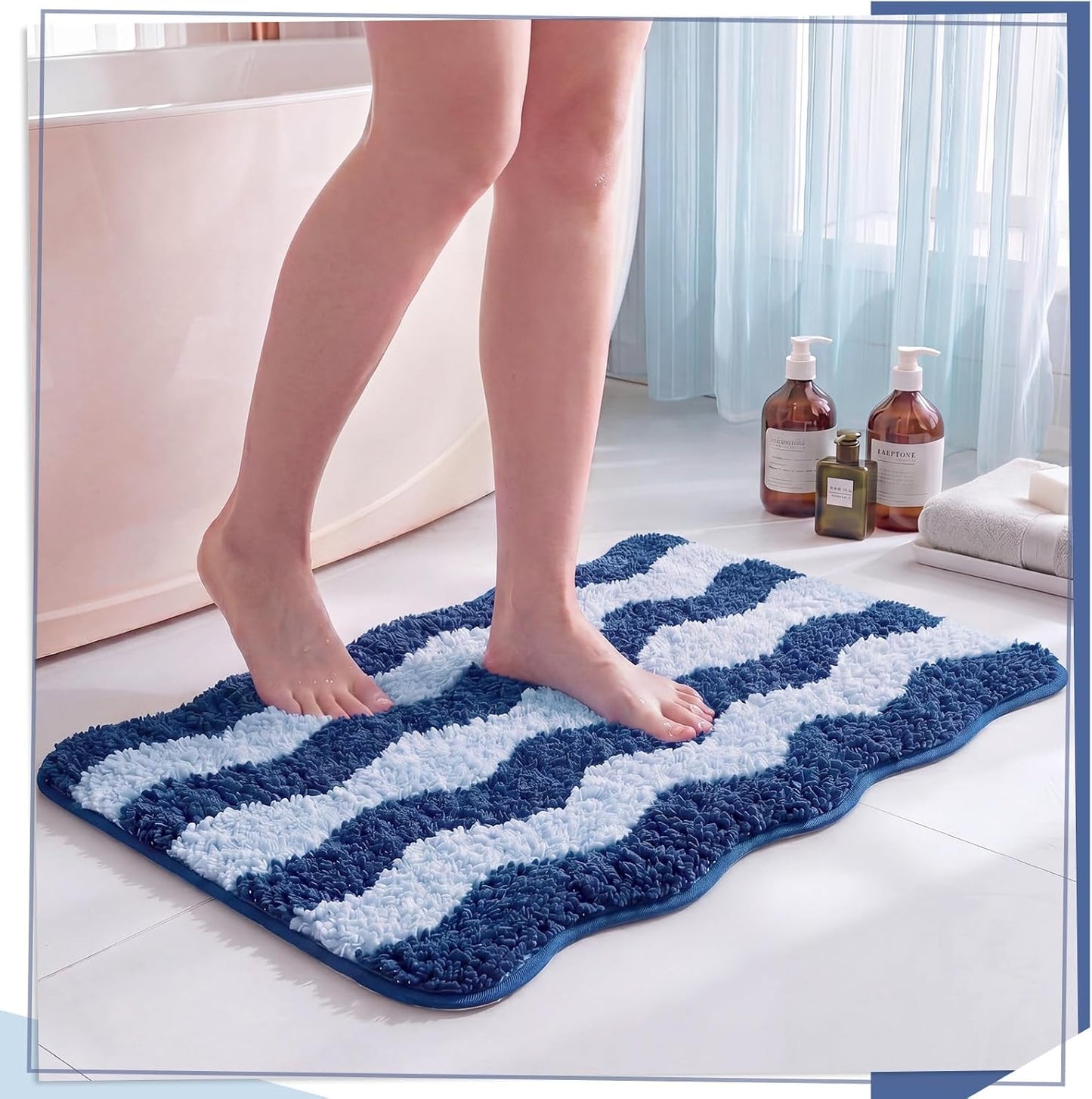 Nuanchu Cute Scalloped Bathroom Rug, Plush Tufted Absorbent Soft Wave Striped Bath Mat 24"x16", Non-Slip Washable Floor Carpet for Bathroom Bedroom Kitchen(Cobalt Blue & Sky Blue)