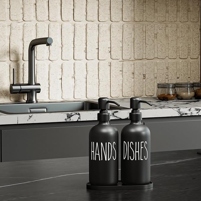 MOMEEMO Black Soap Dispenser Set, Contains Dish and Hand Soap Dispenser - Image 3