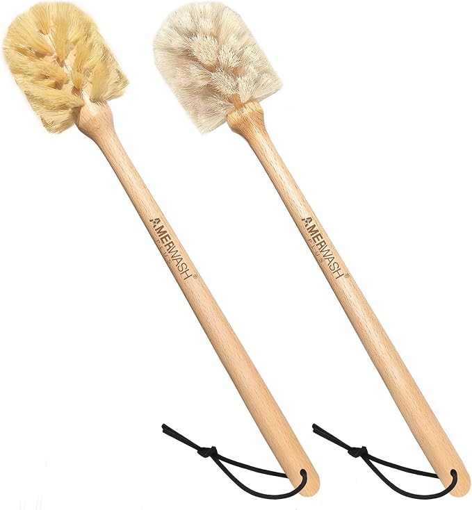 Bottle Brushes with Natural Bristles, 13-3/4 Inch Long Wood Handle Bottle Brush by AMERWASHPLUS