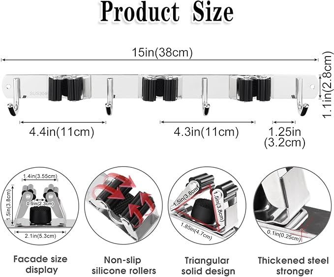 3 Racks and 4 Hooks Broom and Mop Holder Wall Mounted Garage Organizer Storage - Image 3