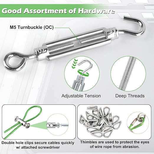 Turnbuckles for Cables Wire, 1/8" X 100Ft Green PVC Coated Wire Rope Kit - Image 4