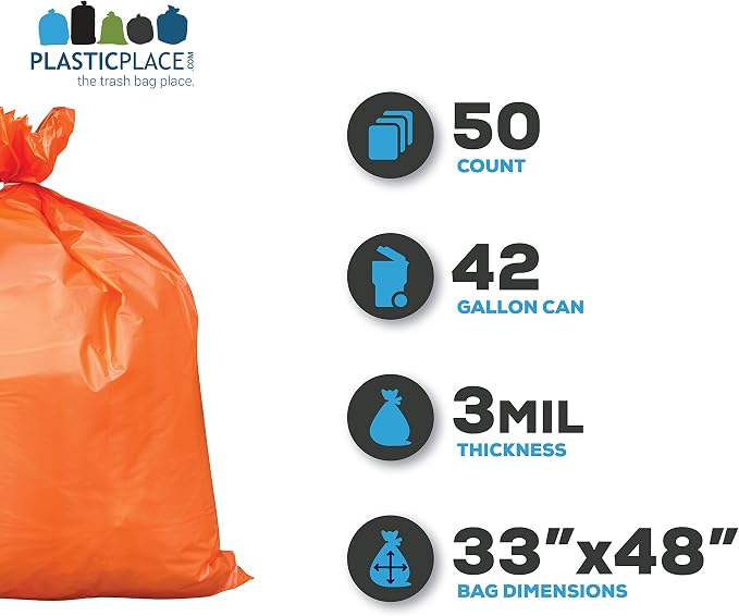 Plasticplace 42 Gallon Trash Bags |3.0 Mil | Orange Heavy Duty Contractor Trash - Image 2