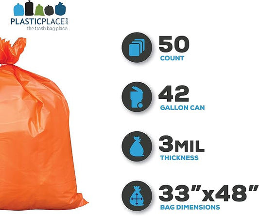 Plasticplace 42 Gallon Trash Bags |3.0 Mil | Orange Heavy Duty Contractor Trash - Image 2