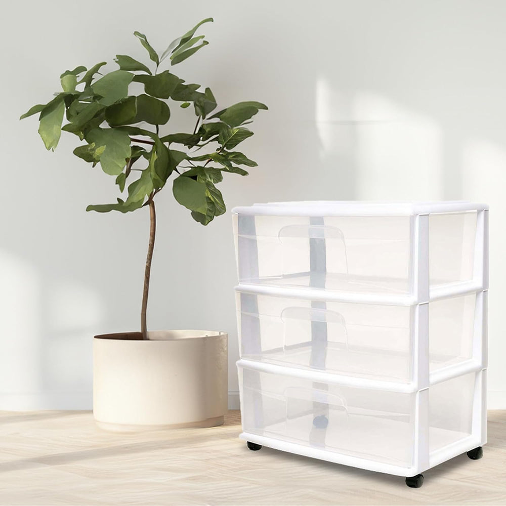 HOMZ Drawer Tower, 3-Tier Storage Cart with Removable Wheels, White Frame