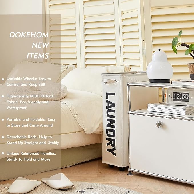 DOKEHOM 25-Inches Slim Laundry Basket on Wheels, Collapsible Rolling Laundry - Image 2