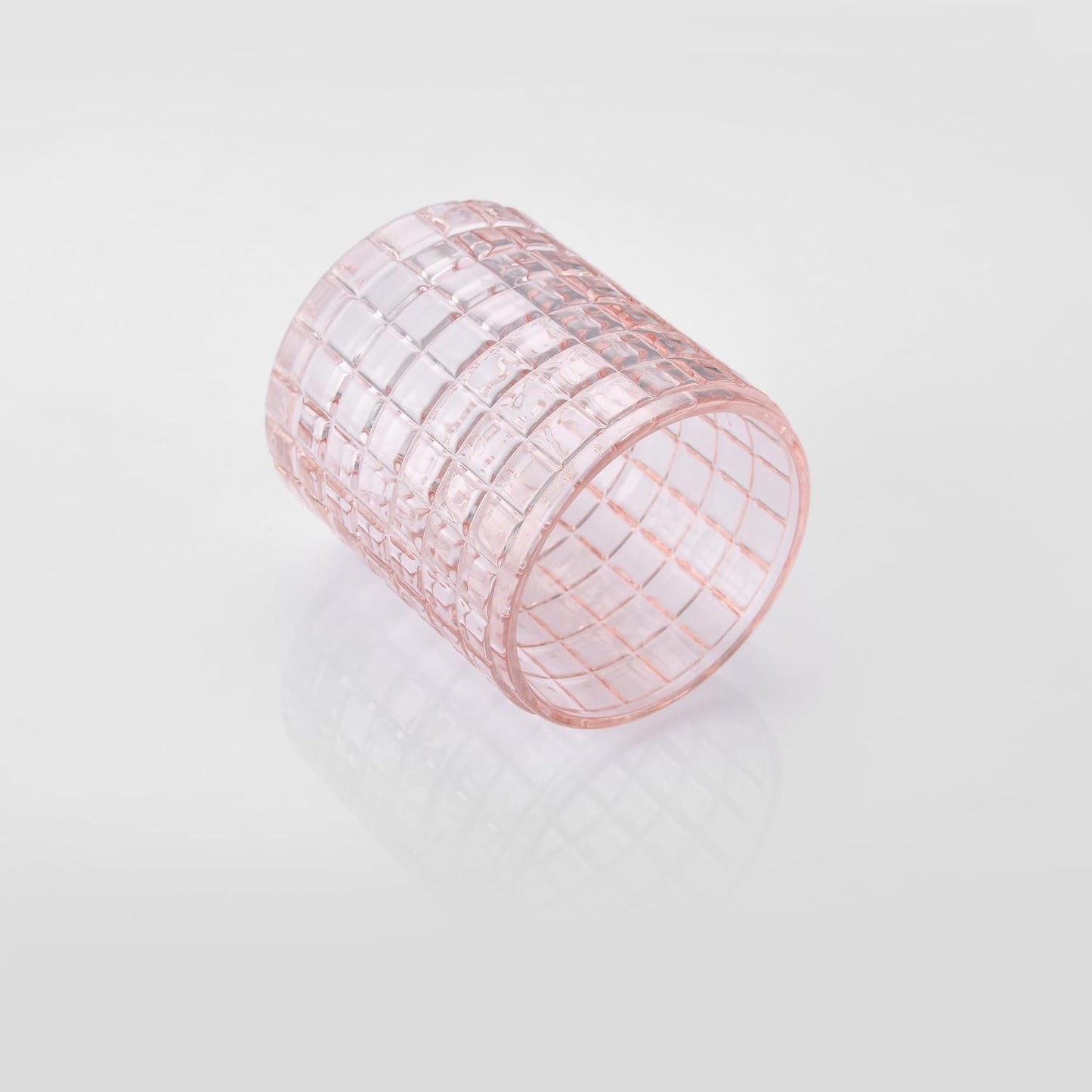 Blush Colored Tranlucent Apothecary Etched Geometric Grid Glass Jar W/Nickel Metal Lid Cover for Bathroom Organization, Cotton Balls, Q Tips, and Small Accessories, Bathroom Storage