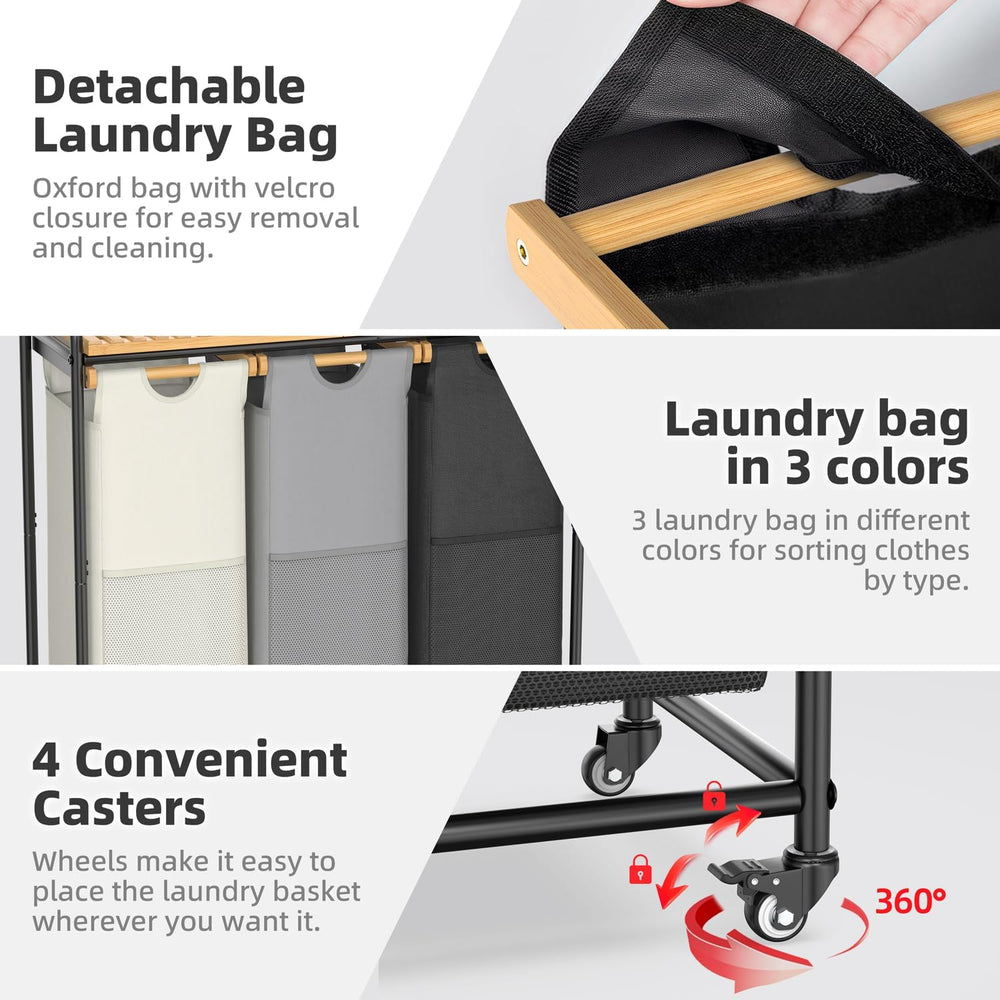 Laundry Hampers 3 Section, Laundry Sorter with Removable Shelf and Pull-Out B...
