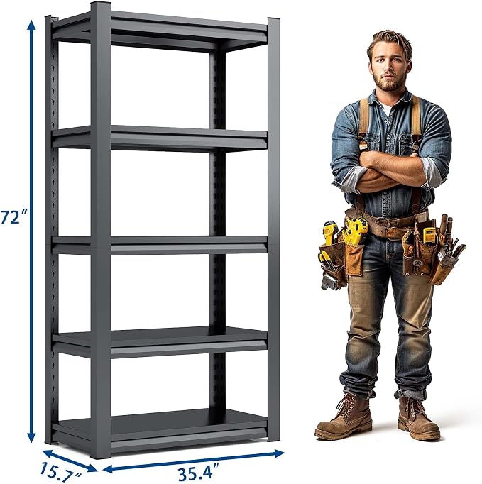 72" H Garage Shelving, Metal Storage Shelves, Adjustable 5 Tier Storage Rack - Image 2