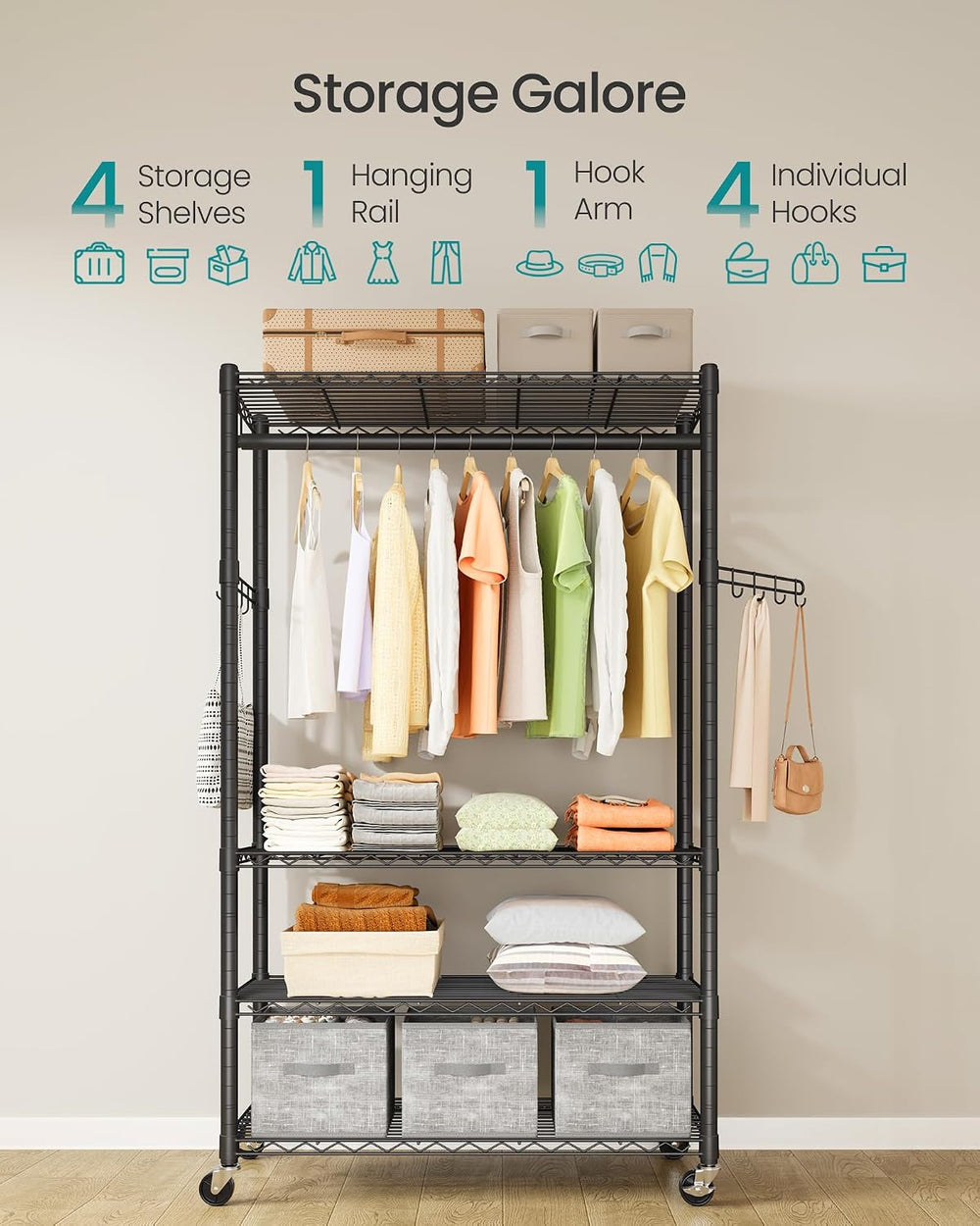 SONGMICS Heavy-Duty Clothes Rack, Portable Closet on Wheels, Garment Rack