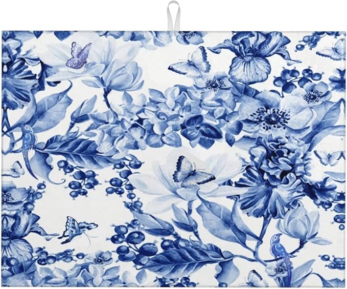 Chinoiserie Blue And White Floral Butterfly Dish Drying Mats by GOCGRVOfficialOnline