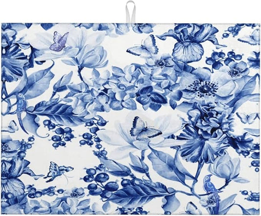 Chinoiserie Blue And White Floral Butterfly Dish Drying Mats by GOCGRVOfficialOnline