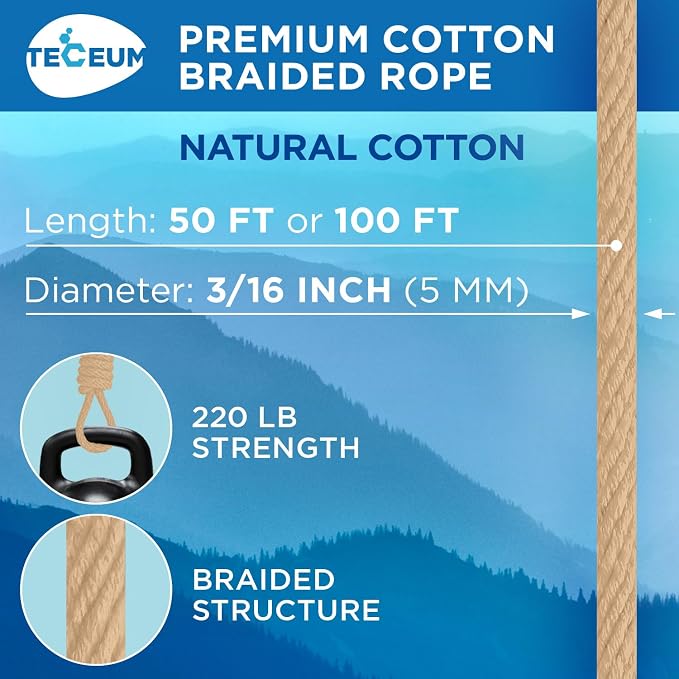 TECEUM Cotton Rope 3/16” – 50 FT – Strong All-Purpose Braided Rope – Natural - Image 2