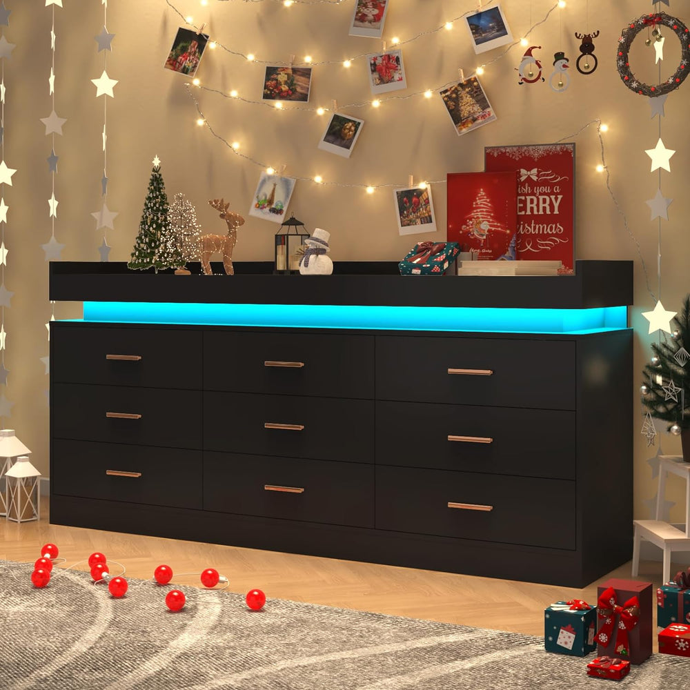Hlivelood 9 Drawer Dresser with LED Light and Charging Station, Modern Chest ...
