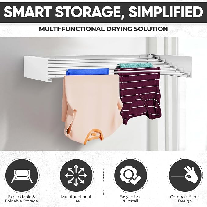 Wall Mounted Laundry Drying Rack, Retractable Clothes Drying Rack, 6 Rods Towel - Image 9