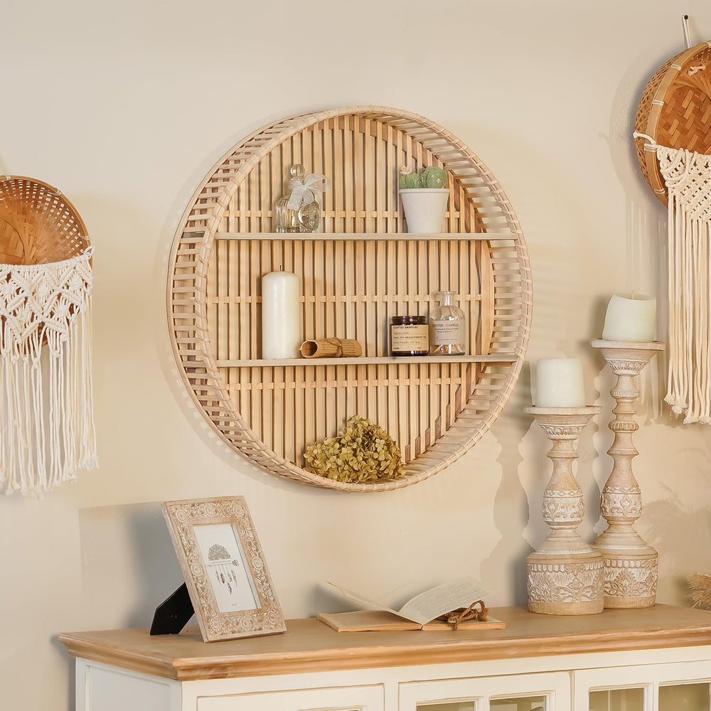Rattan Wall Shelf 3 Tier Boho Wall Mounted Shelf Farmhouse Handcraft Round Fl...