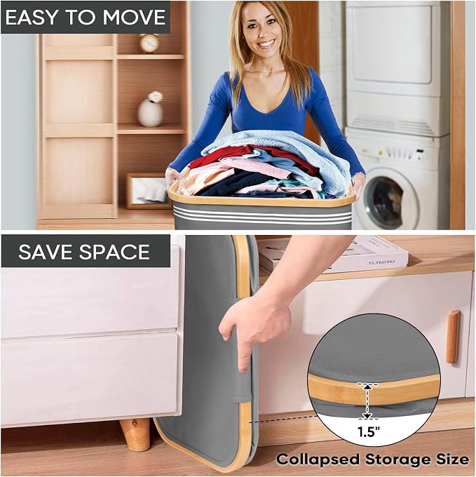 BALEINE Laundry Hamper with Lid, Tall Laundry Baskets with Bamboo Pull Handles - Image 6