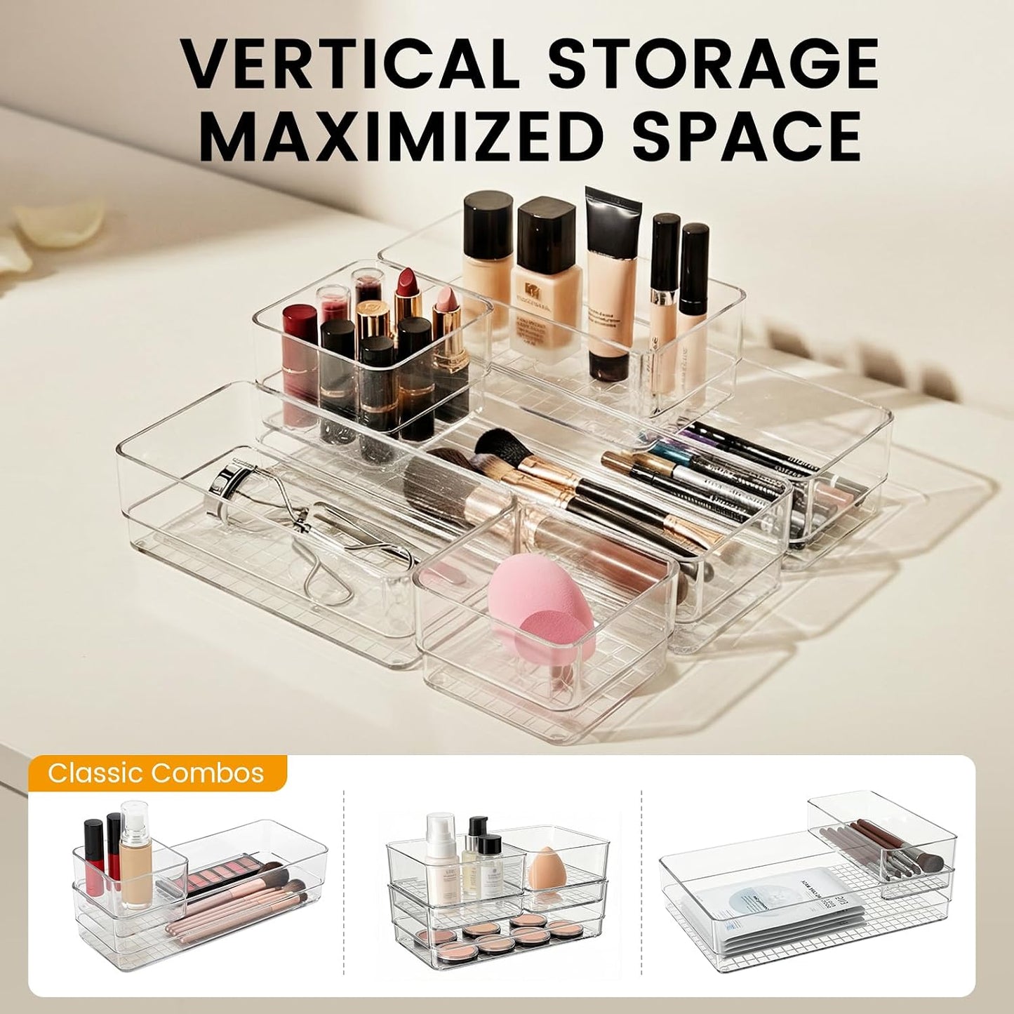 Clear Acrylic Makeup Organizer and Make Up Storage for Vanity - 4 Sizes Multi-layer Plastic Vanity Storage Organizer Bins and Drawer Divider Set - Makeup Drawer Organizer and Vanity Storage Bin