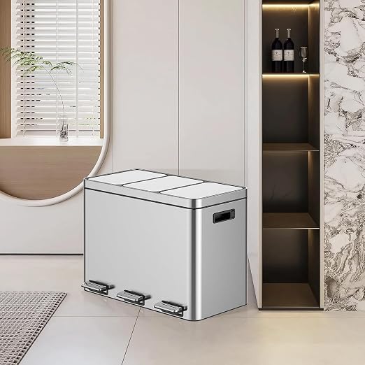 3 x 4 Gal Trash Can, Stainless Steel Triple Compartment Step-On Recycling Bin - Image 6