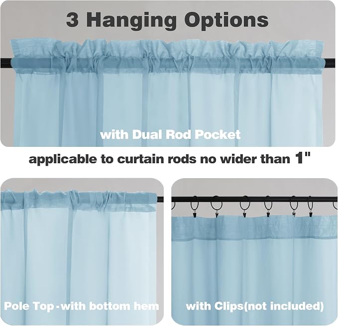 Chyhomenyc Sky Blue Sheer Curtains 45 Inch Long 2 Panels, Light Filtering Rod - Image 3