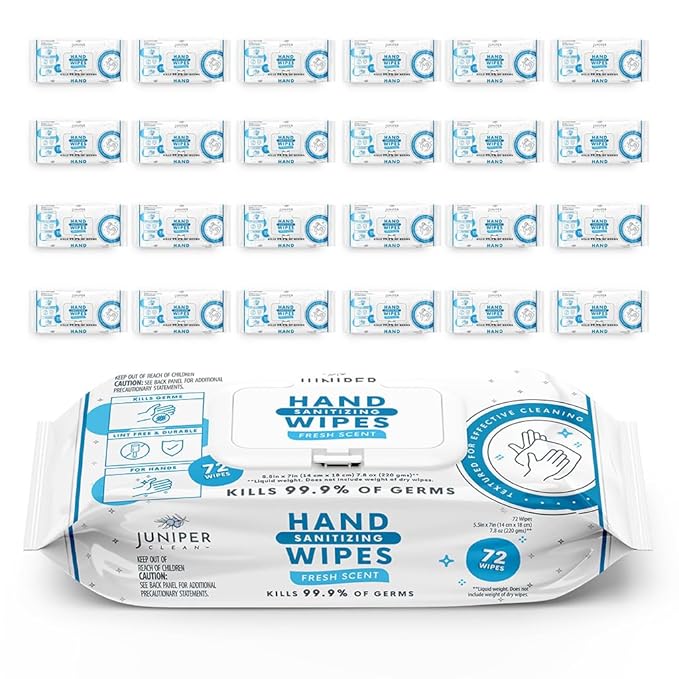 24 Pack Hand Sanitizing Wipes, Fresh Scent, Lint Free & Durable by JuniperCLEAN