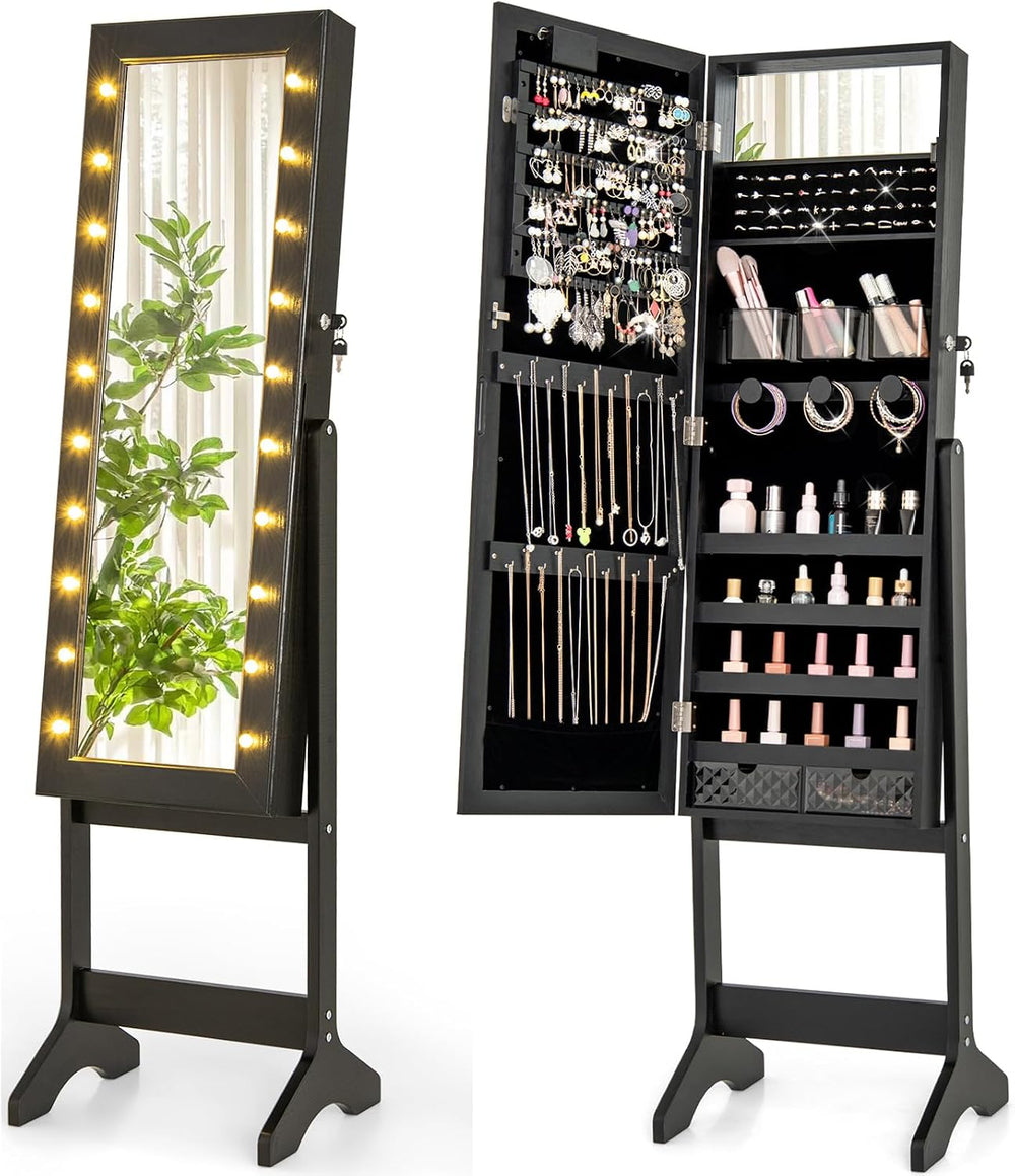 Giantex Standing Jewelry Armoire with Lighted Full Length Mirror, Lockable Je...