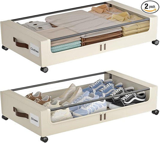 Under Bed Storage with Wheels, XXL 60L Under Bed Storage Containers with Clear by Gofujuco