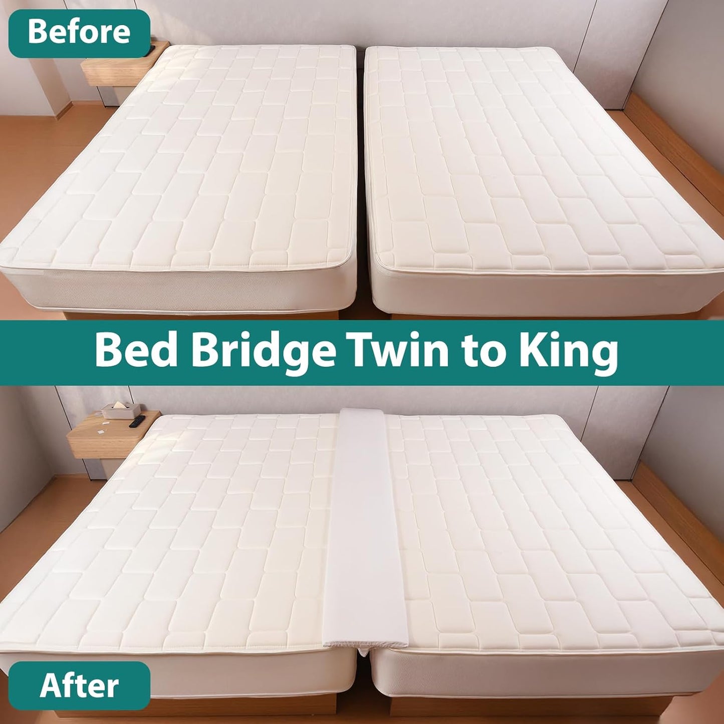 12" Extra Wide Split King Gap Filler for Adjustable Bed, Bed Bridge Twin to King Converter with Washable Cover, Close The Gap (0-1.5"),White