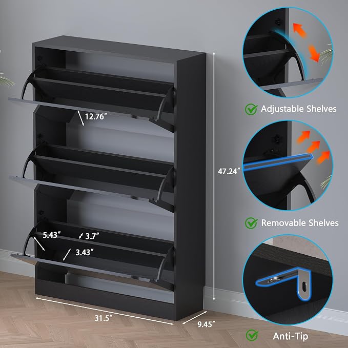 Shoe Cabinet with 3-Flip Mirror Drawers, Freestanding Shoe Rack Organizer with - Image 2