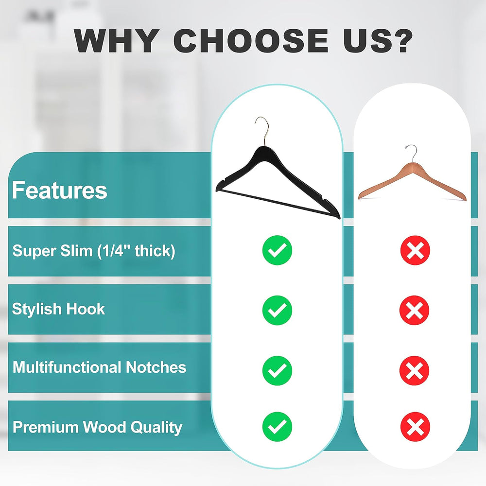20 Luxury 16.5" Ultra Thin Space Saving Black Wooden Hangers, 360 Degree...